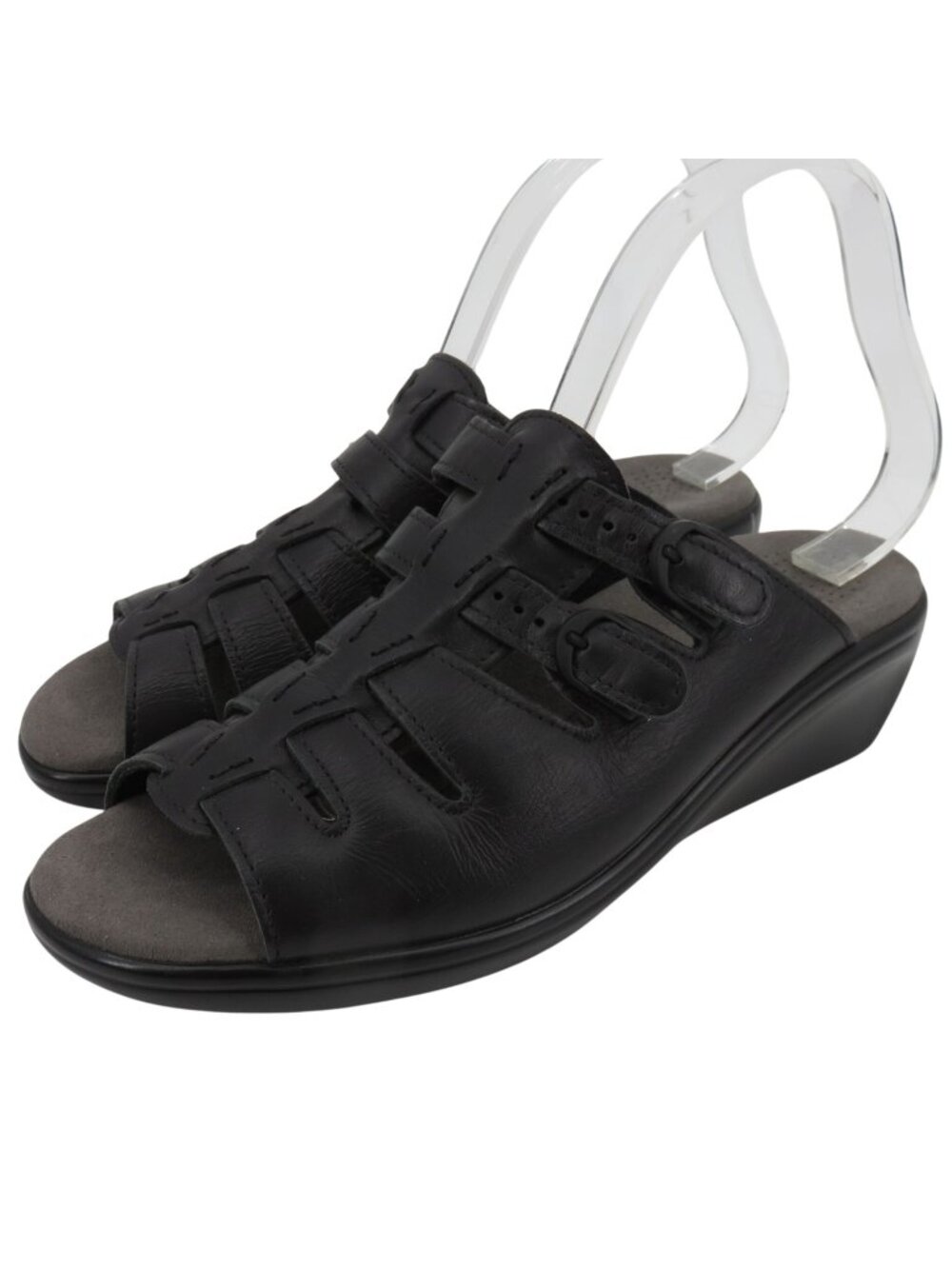 SAS Women 9.5 S 267488 Black Leather Slip On Slide Wedge Sandals Buckle Straps